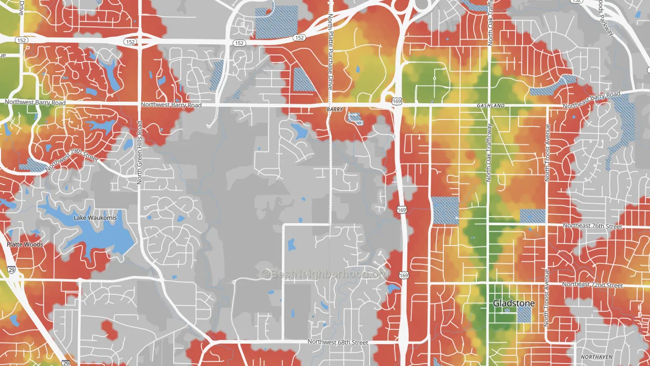 Walk Grade map of Barry Harbour, Kansas City, MO, walkable areas in green and car-dependent areas in red