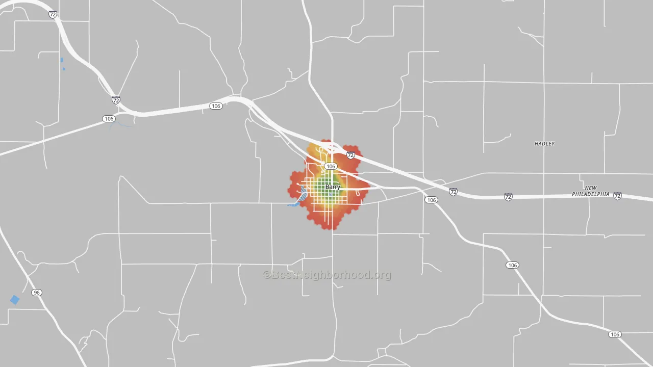 Walk Grade map of Barry, IL, walkable areas in green and car-dependent areas in red