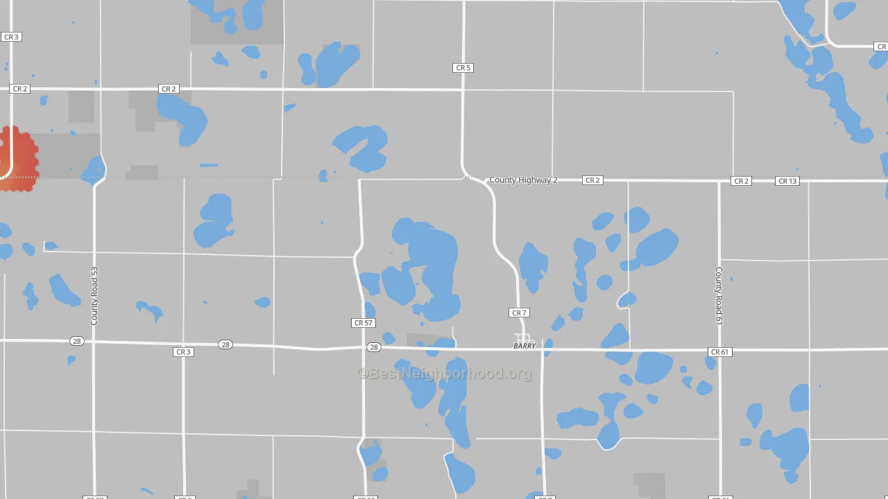Walk Grade map of Barry, MN, walkable areas in green and car-dependent areas in red