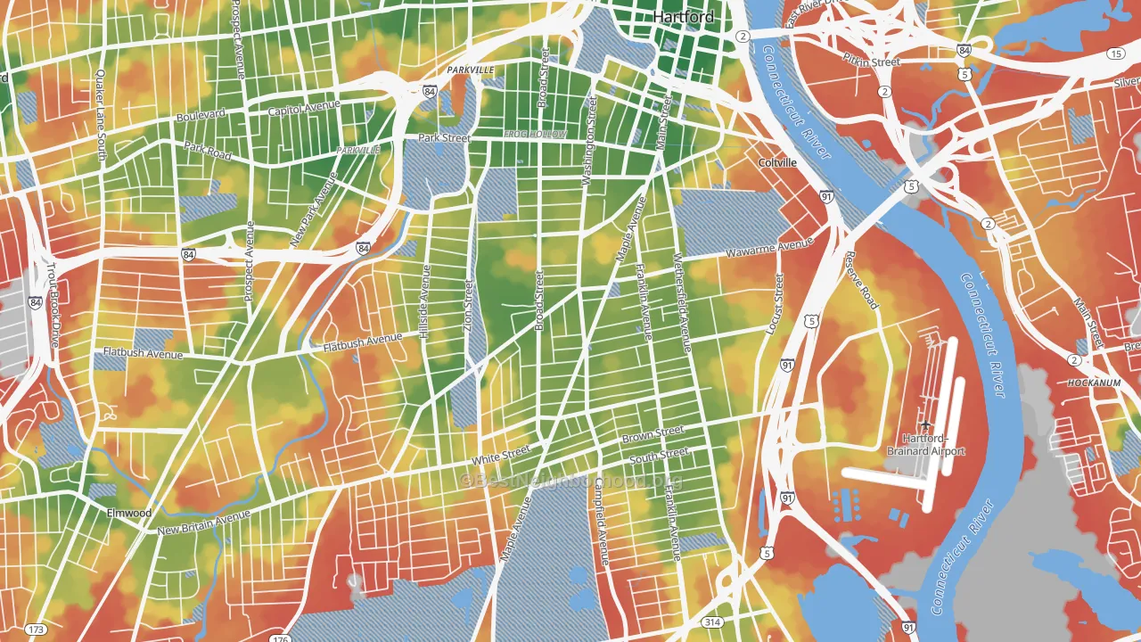 Walk Grade map of Barry Square, Hartford, CT, walkable areas in green and car-dependent areas in red