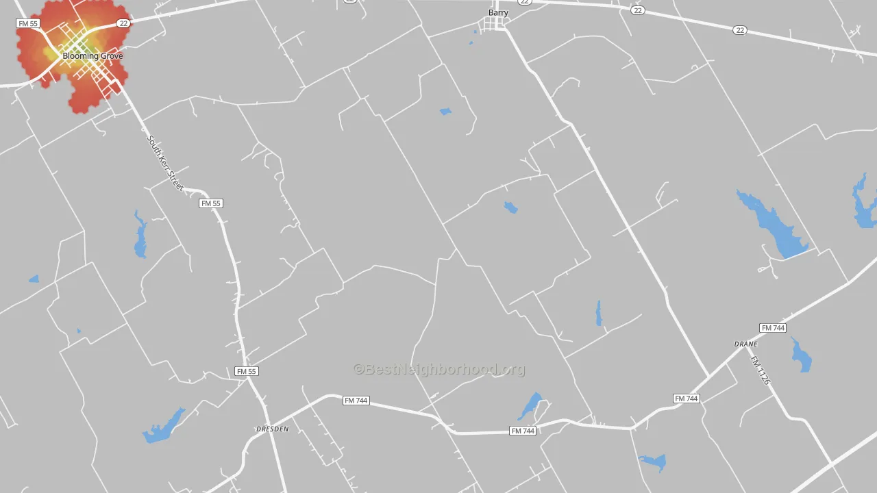 Walk Grade map of Barry, TX, walkable areas in green and car-dependent areas in red