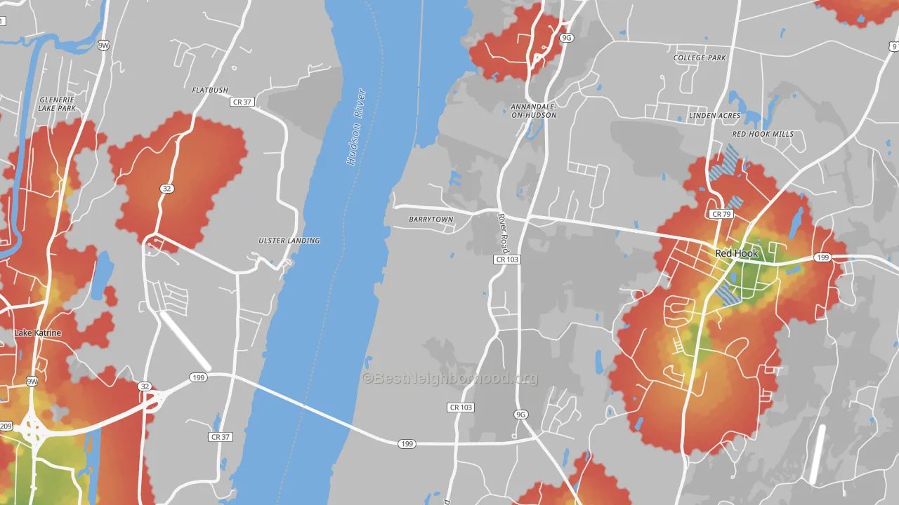 Walk Grade map of Barrytown, NY, walkable areas in green and car-dependent areas in red