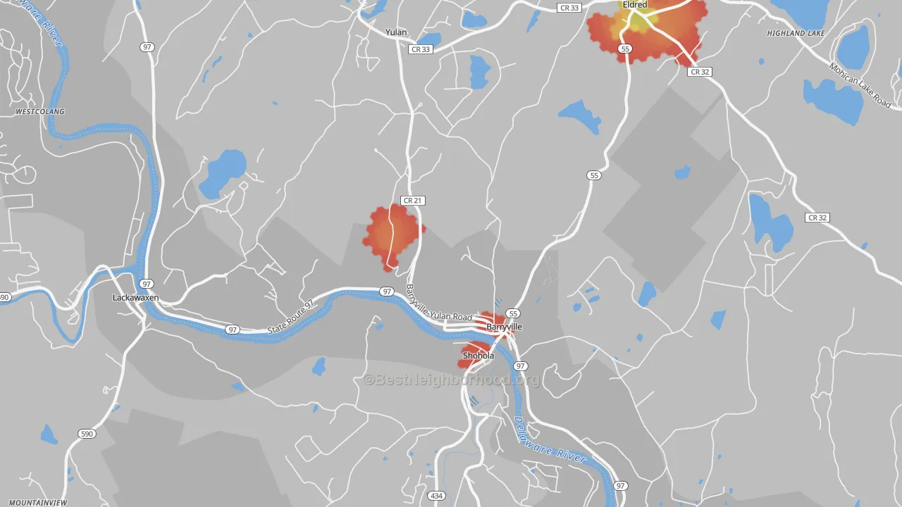 Walk Grade map of Barryville, NY, walkable areas in green and car-dependent areas in red
