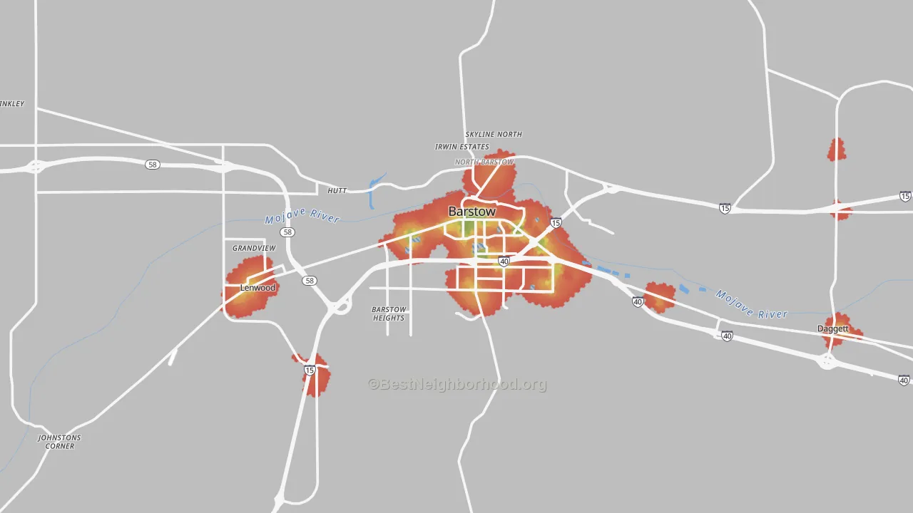 Walk Grade map of Barstow, CA, walkable areas in green and car-dependent areas in red