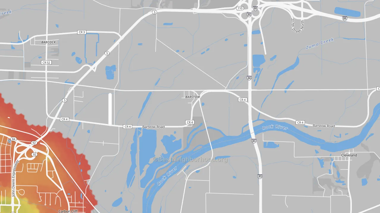 Walk Grade map of Barstow, IL, walkable areas in green and car-dependent areas in red