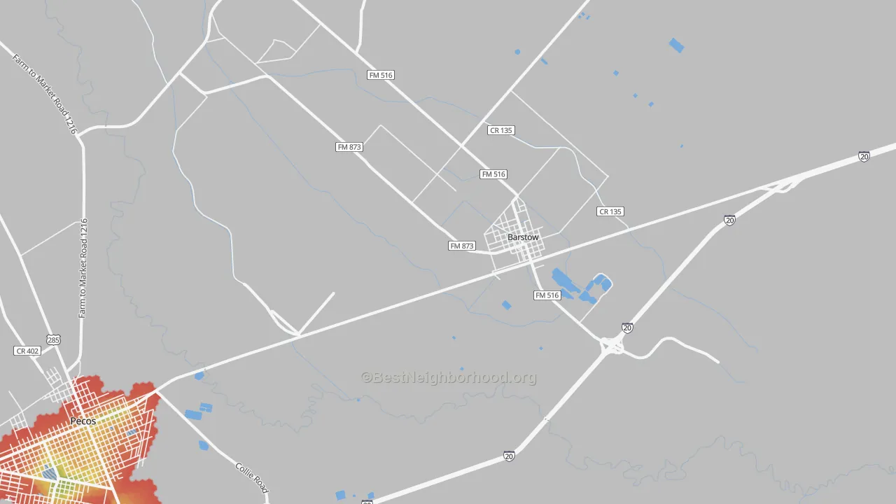 Walk Grade map of Barstow, TX, walkable areas in green and car-dependent areas in red