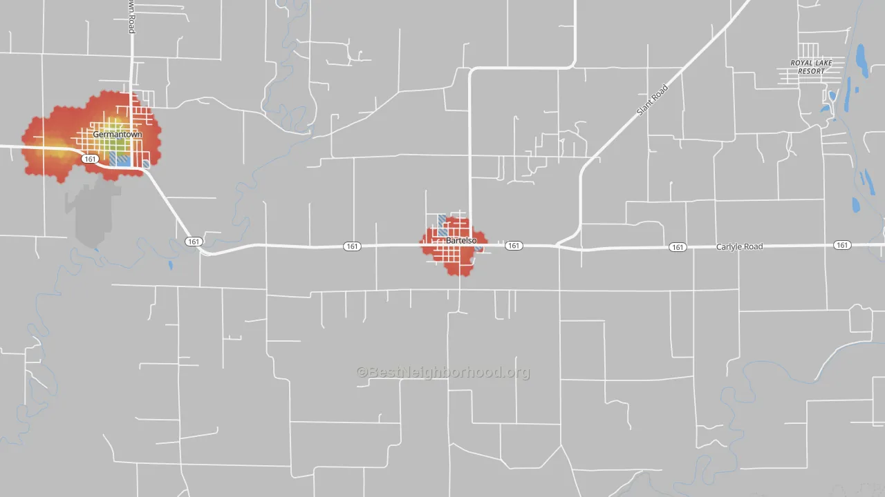 Walk Grade map of Bartelso, IL, walkable areas in green and car-dependent areas in red