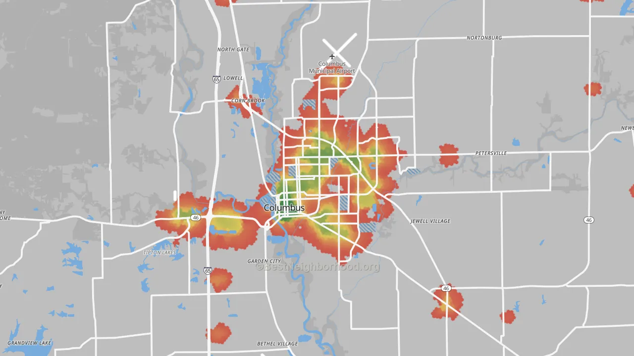 Walk Grade map of Bartholomew County, IN, walkable areas in green and car-dependent areas in red