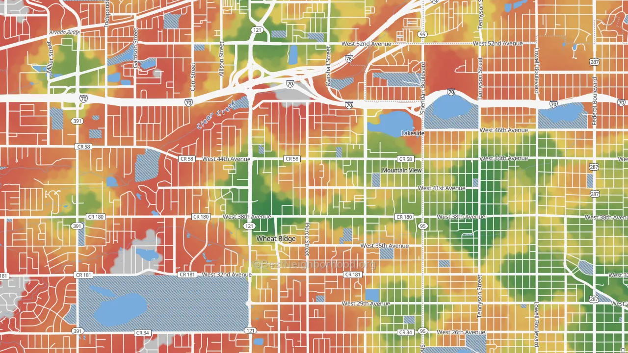 Walk Grade map of Barths, Wheat Ridge, CO, walkable areas in green and car-dependent areas in red