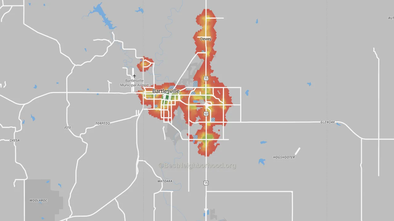 Walk Grade map of Bartlesville, OK, walkable areas in green and car-dependent areas in red
