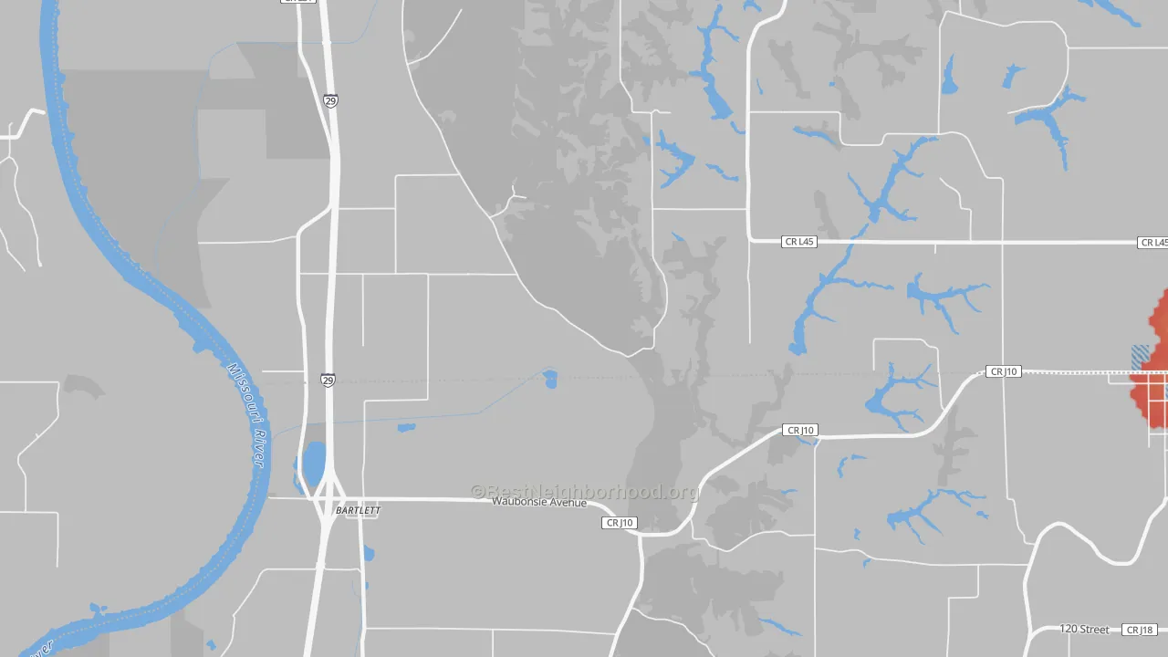 Walk Grade map of Bartlett, IA, walkable areas in green and car-dependent areas in red