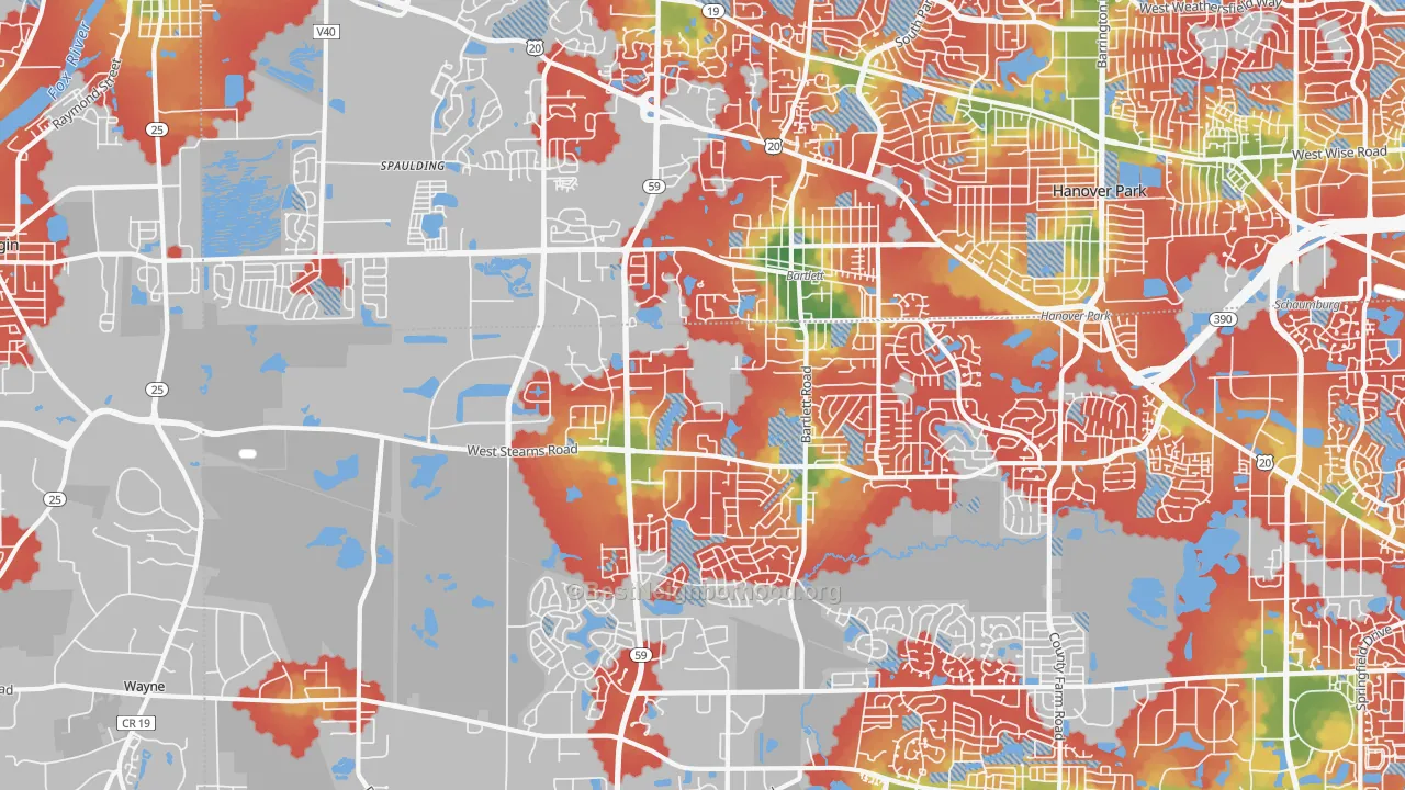 Walk Grade map of Bartlett, IL, walkable areas in green and car-dependent areas in red