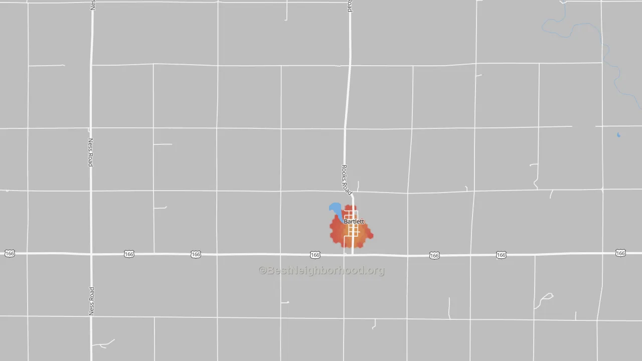 Walk Grade map of Bartlett, KS, walkable areas in green and car-dependent areas in red