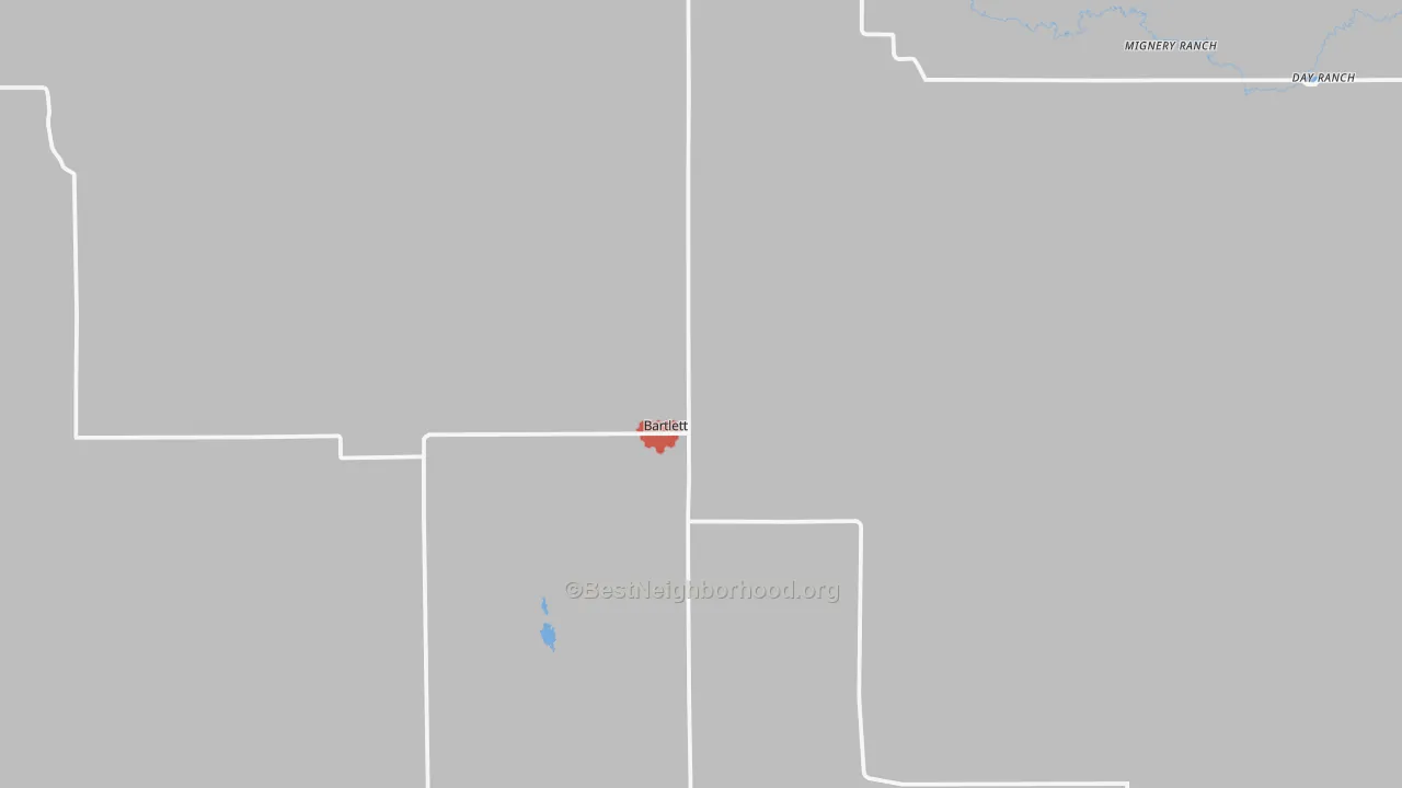 Walk Grade map of Bartlett, NE, walkable areas in green and car-dependent areas in red