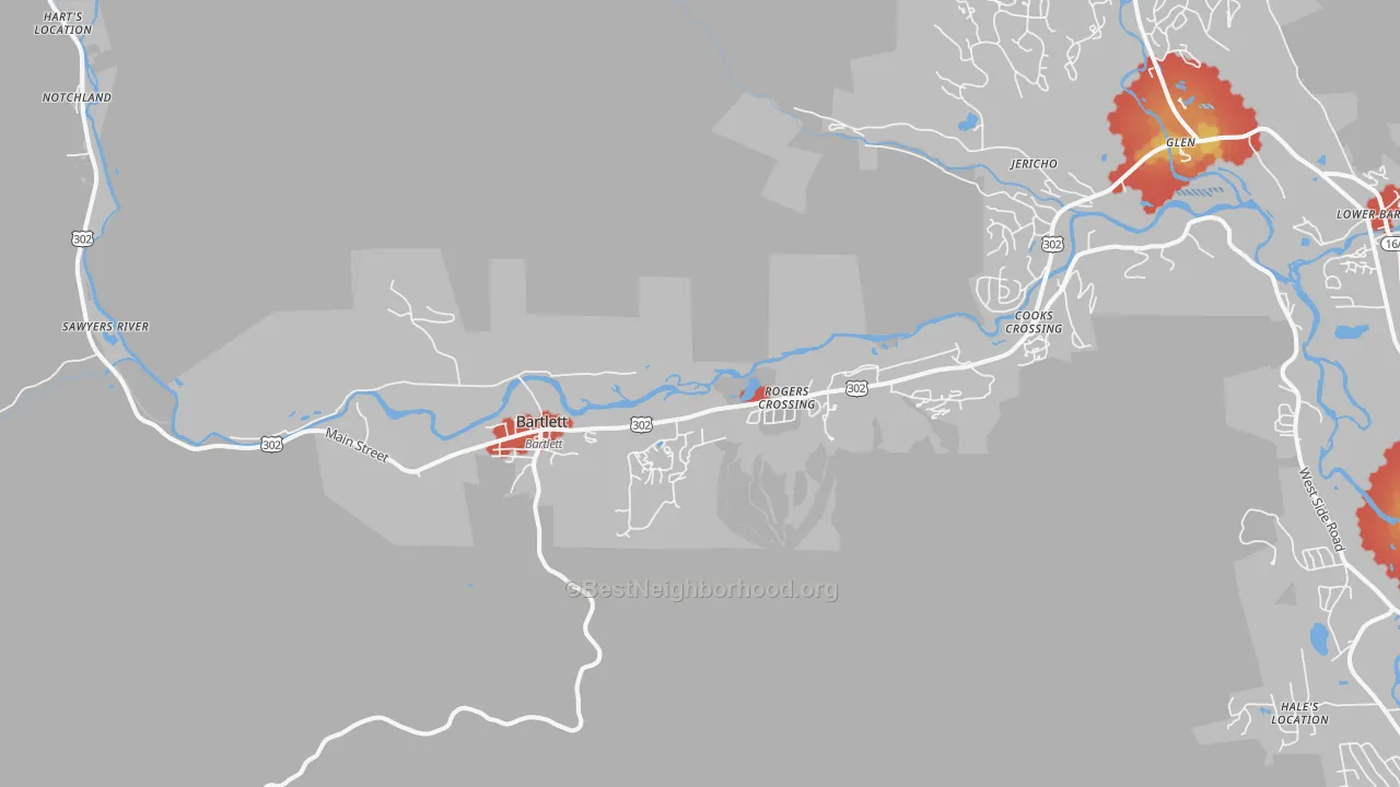 Walk Grade map of Bartlett, NH, walkable areas in green and car-dependent areas in red