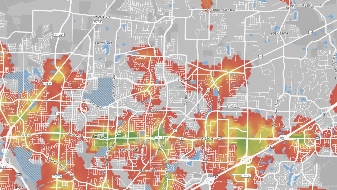 Walk Grade map of Bartlett, TN, walkable areas in green and car-dependent areas in red
