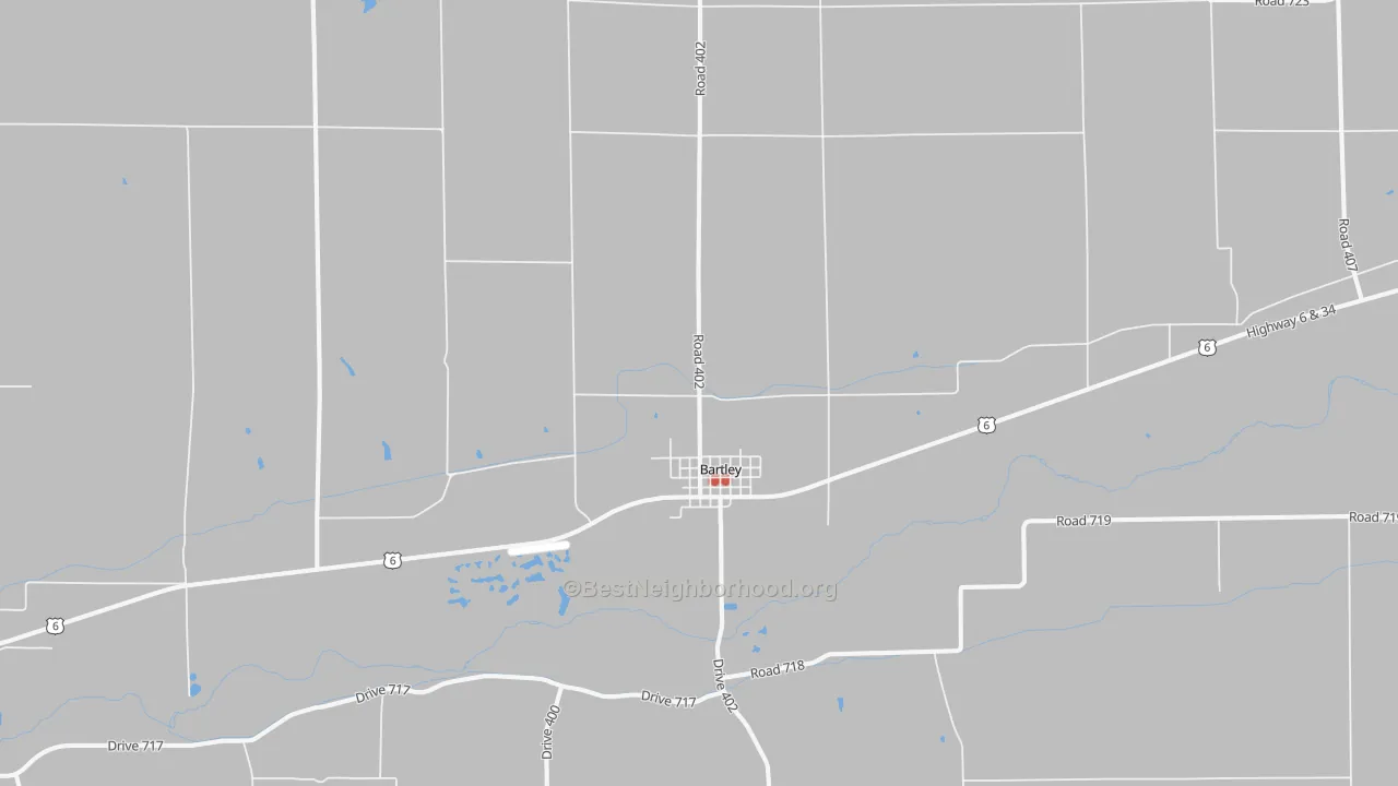 Walk Grade map of Bartley, NE, walkable areas in green and car-dependent areas in red
