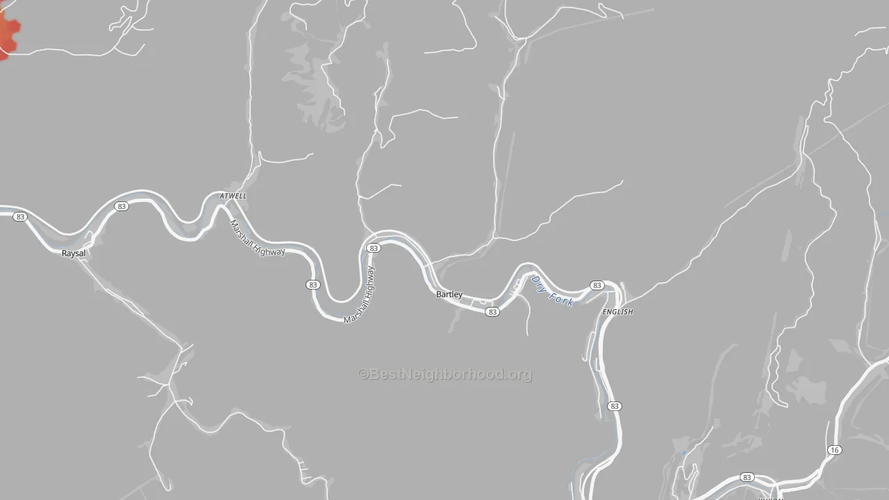 Walk Grade map of Bartley, WV, walkable areas in green and car-dependent areas in red