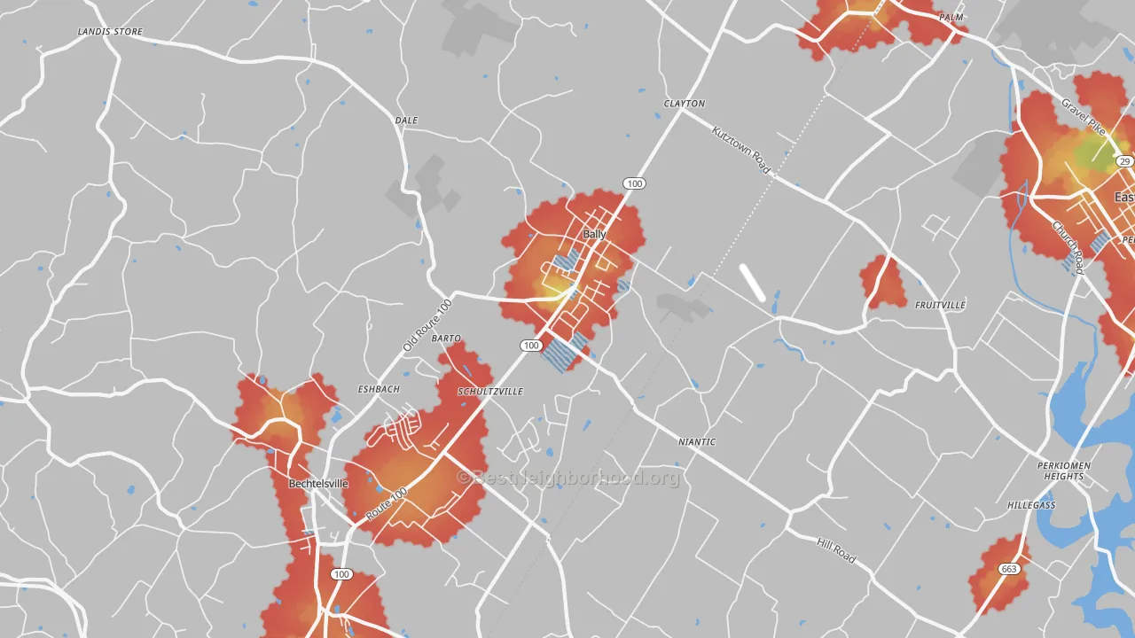 Walk Grade map of Barto, PA, walkable areas in green and car-dependent areas in red
