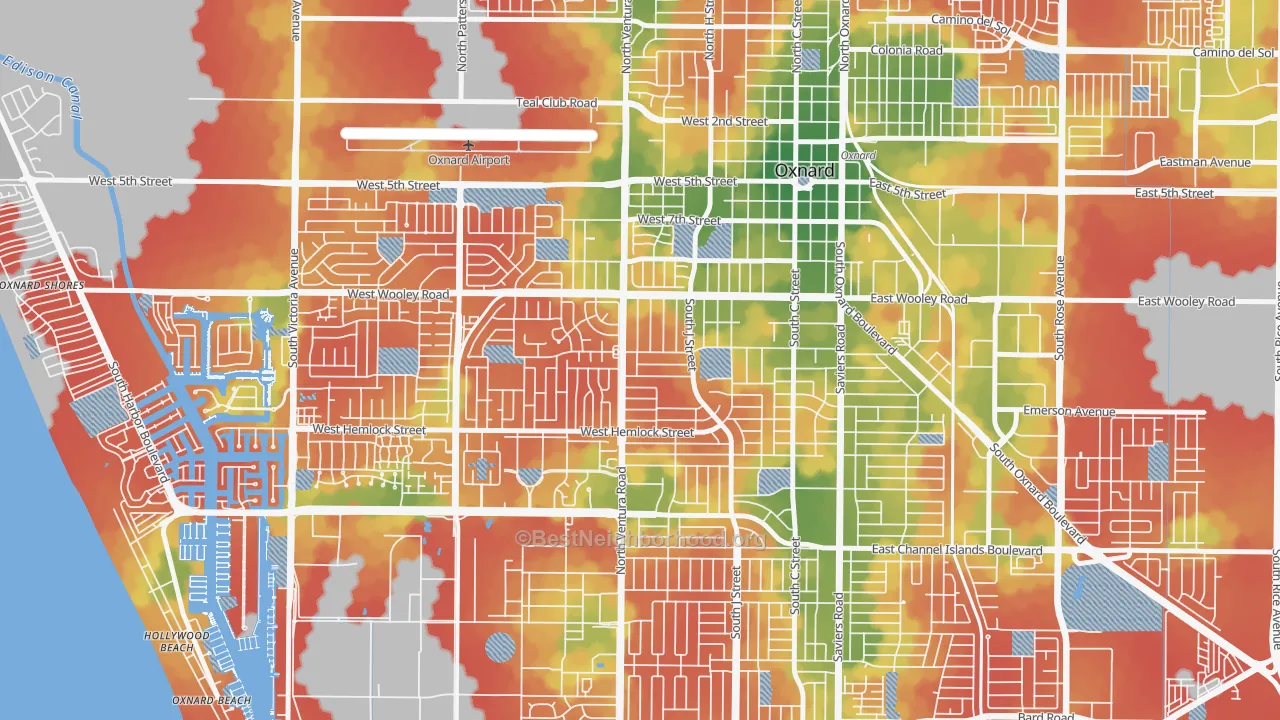 Walk Grade map of Bartolo Square North, Oxnard, CA, walkable areas in green and car-dependent areas in red