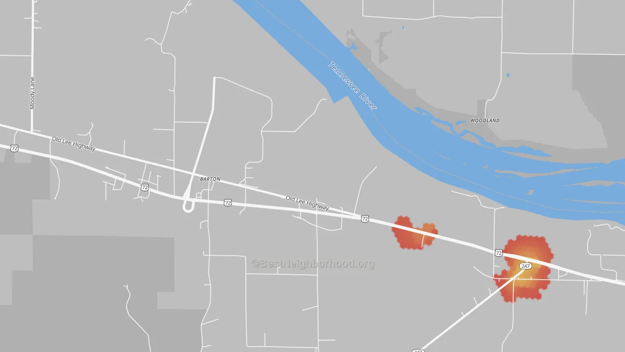 Walk Grade map of Barton, AL, walkable areas in green and car-dependent areas in red