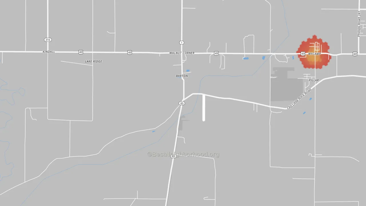 Walk Grade map of Barton, AR, walkable areas in green and car-dependent areas in red