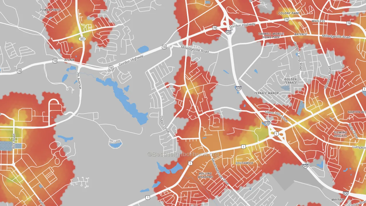 Walk Grade map of Barton Chapel, Augusta, GA, walkable areas in green and car-dependent areas in red