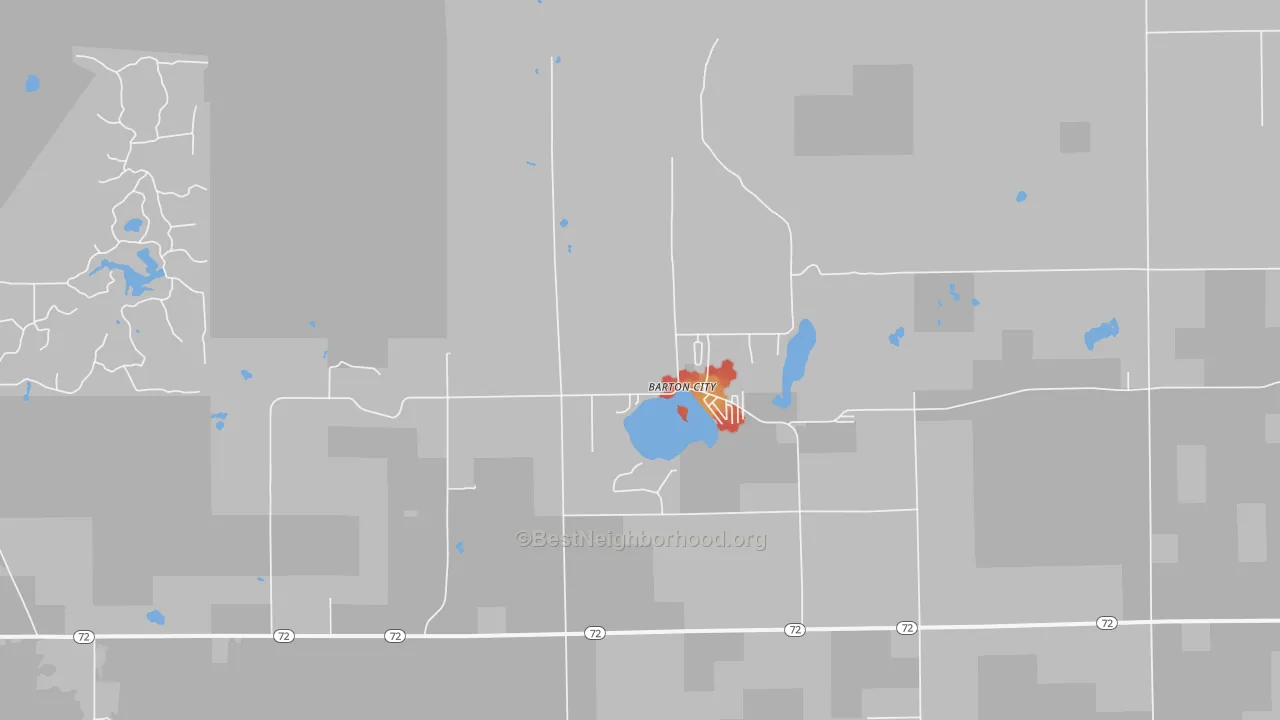 Walk Grade map of Barton City, MI, walkable areas in green and car-dependent areas in red