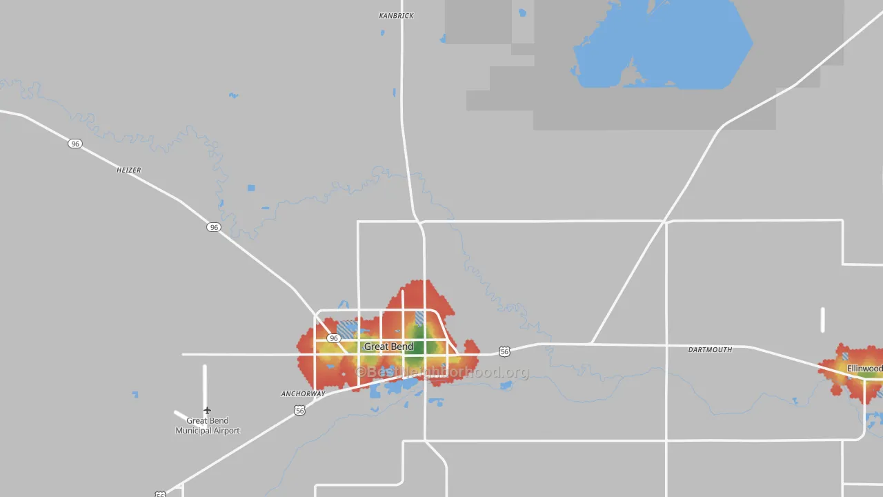 Walk Grade map of Barton County, KS, walkable areas in green and car-dependent areas in red