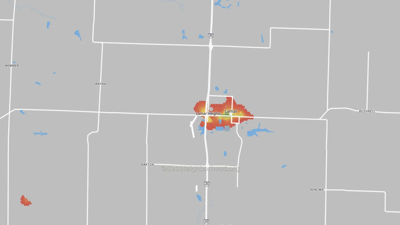 Walk Grade map of Barton County, MO, walkable areas in green and car-dependent areas in red
