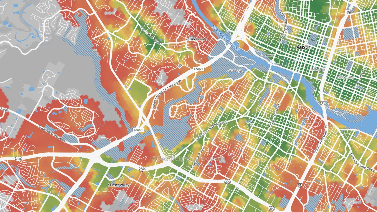 Walk Grade map of Barton Hills, Austin, TX, walkable areas in green and car-dependent areas in red