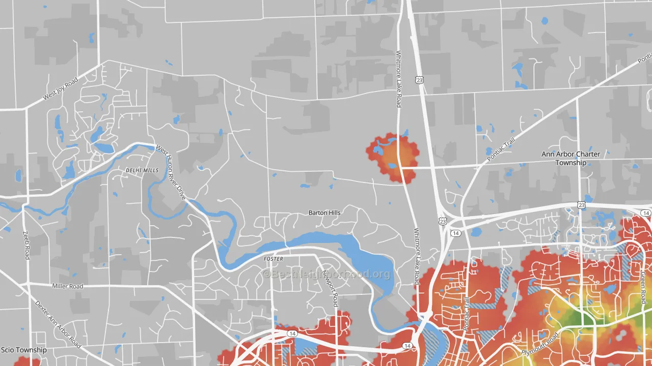 Walk Grade map of Barton Hills, MI, walkable areas in green and car-dependent areas in red
