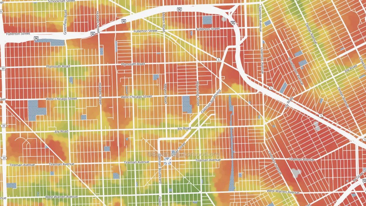 Walk Grade map of Barton-McFarland, Detroit, MI, walkable areas in green and car-dependent areas in red