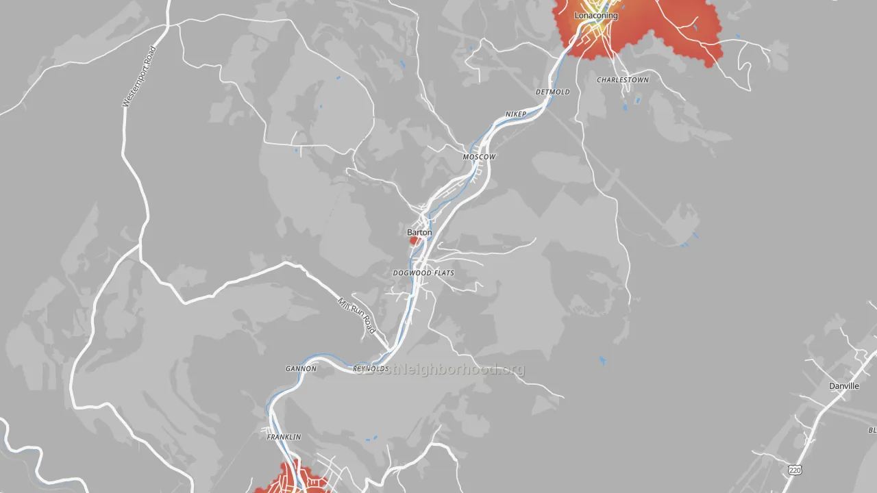 Walk Grade map of Barton, MD, walkable areas in green and car-dependent areas in red