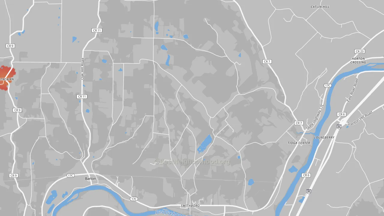 Walk Grade map of Barton, NY, walkable areas in green and car-dependent areas in red