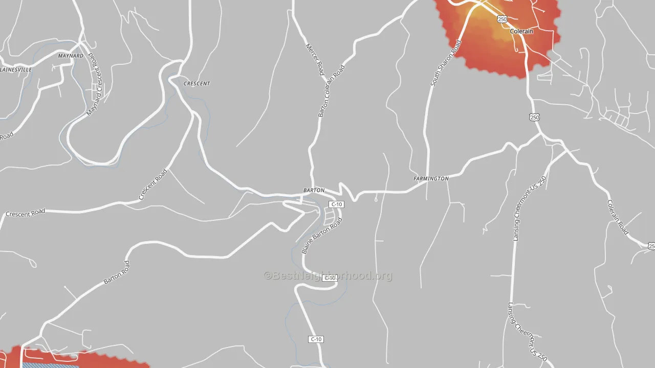 Walk Grade map of Barton, OH, walkable areas in green and car-dependent areas in red