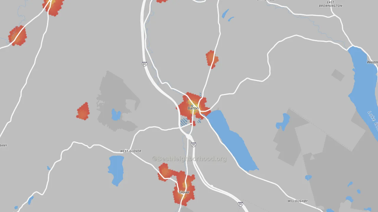 Walk Grade map of Barton, VT, walkable areas in green and car-dependent areas in red
