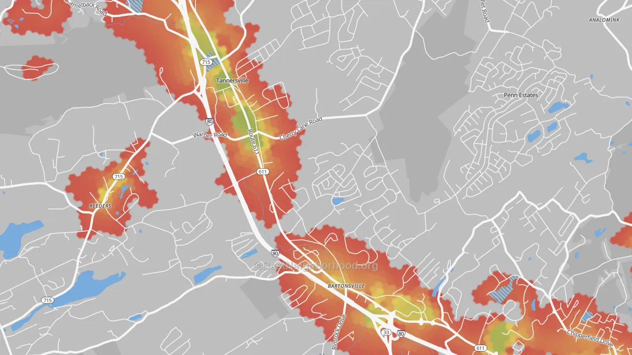Walk Grade map of Bartonsville, PA, walkable areas in green and car-dependent areas in red