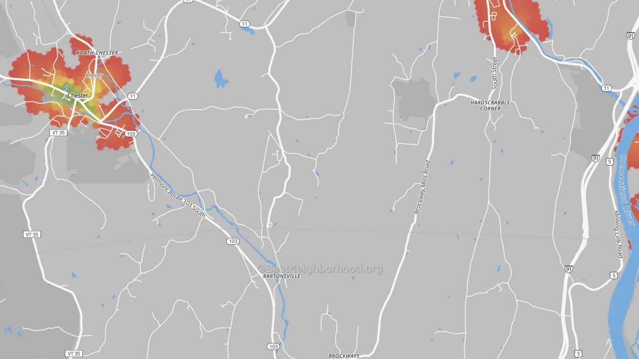 Walk Grade map of Bartonsville, VT, walkable areas in green and car-dependent areas in red