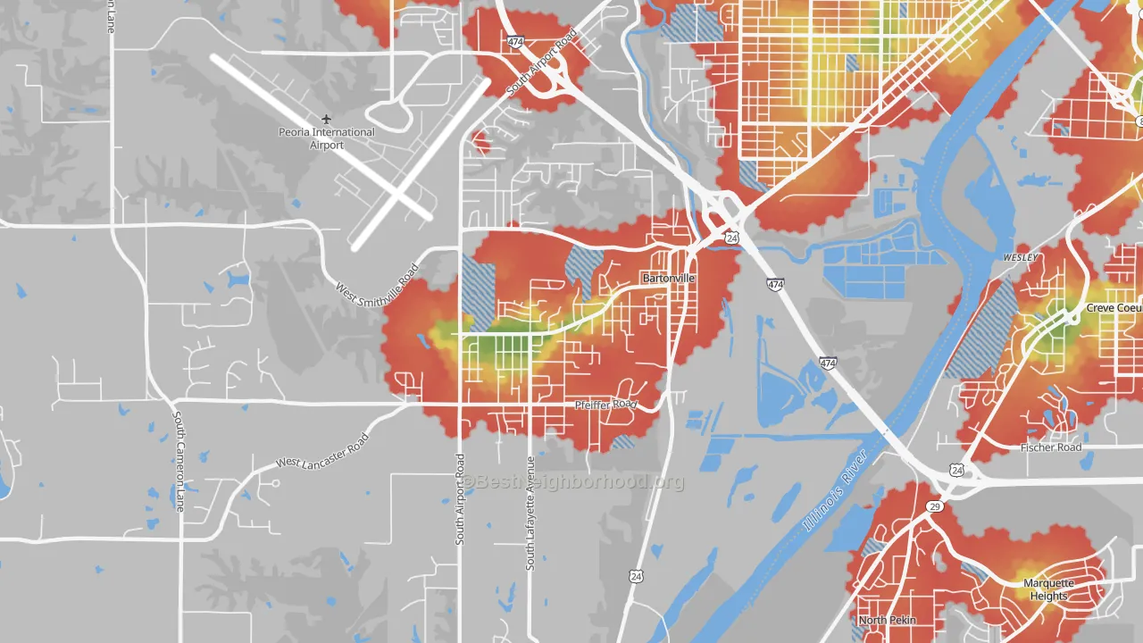 Walk Grade map of Bartonville, IL, walkable areas in green and car-dependent areas in red