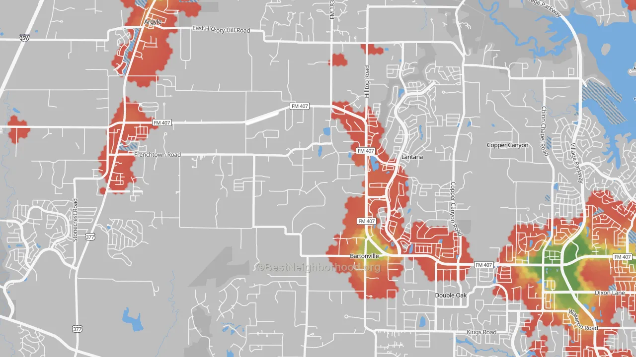 Walk Grade map of Bartonville, TX, walkable areas in green and car-dependent areas in red