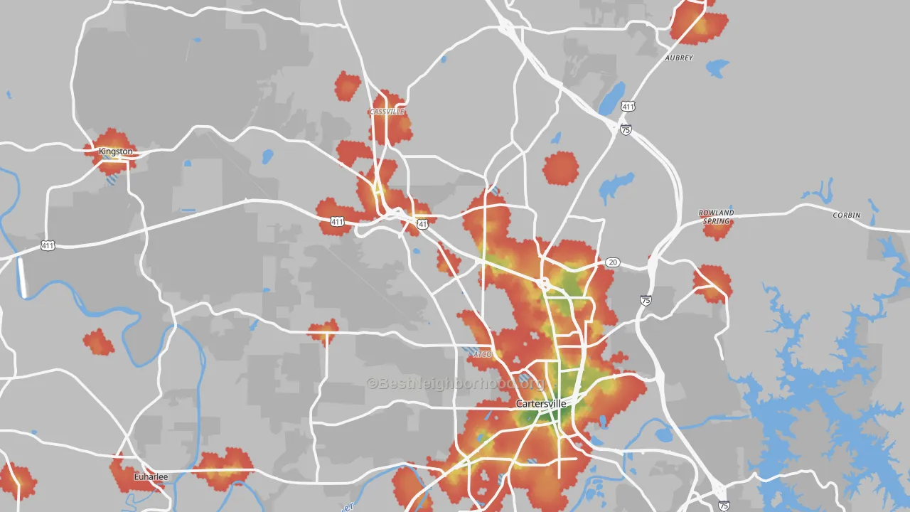 Walk Grade map of Bartow County, GA, walkable areas in green and car-dependent areas in red