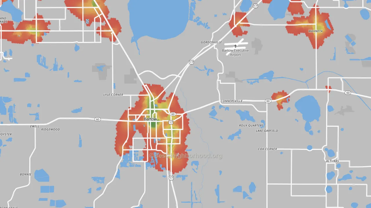 Walk Grade map of Bartow, FL, walkable areas in green and car-dependent areas in red