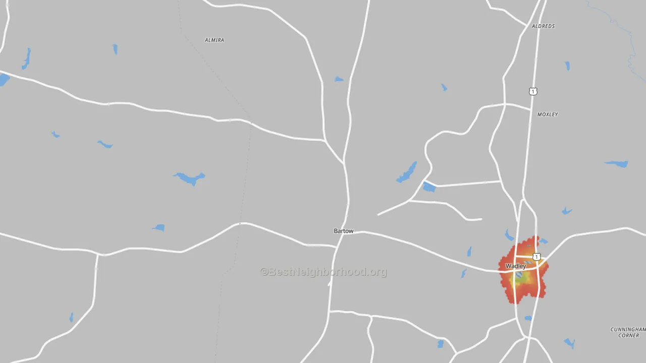 Walk Grade map of Bartow, GA, walkable areas in green and car-dependent areas in red