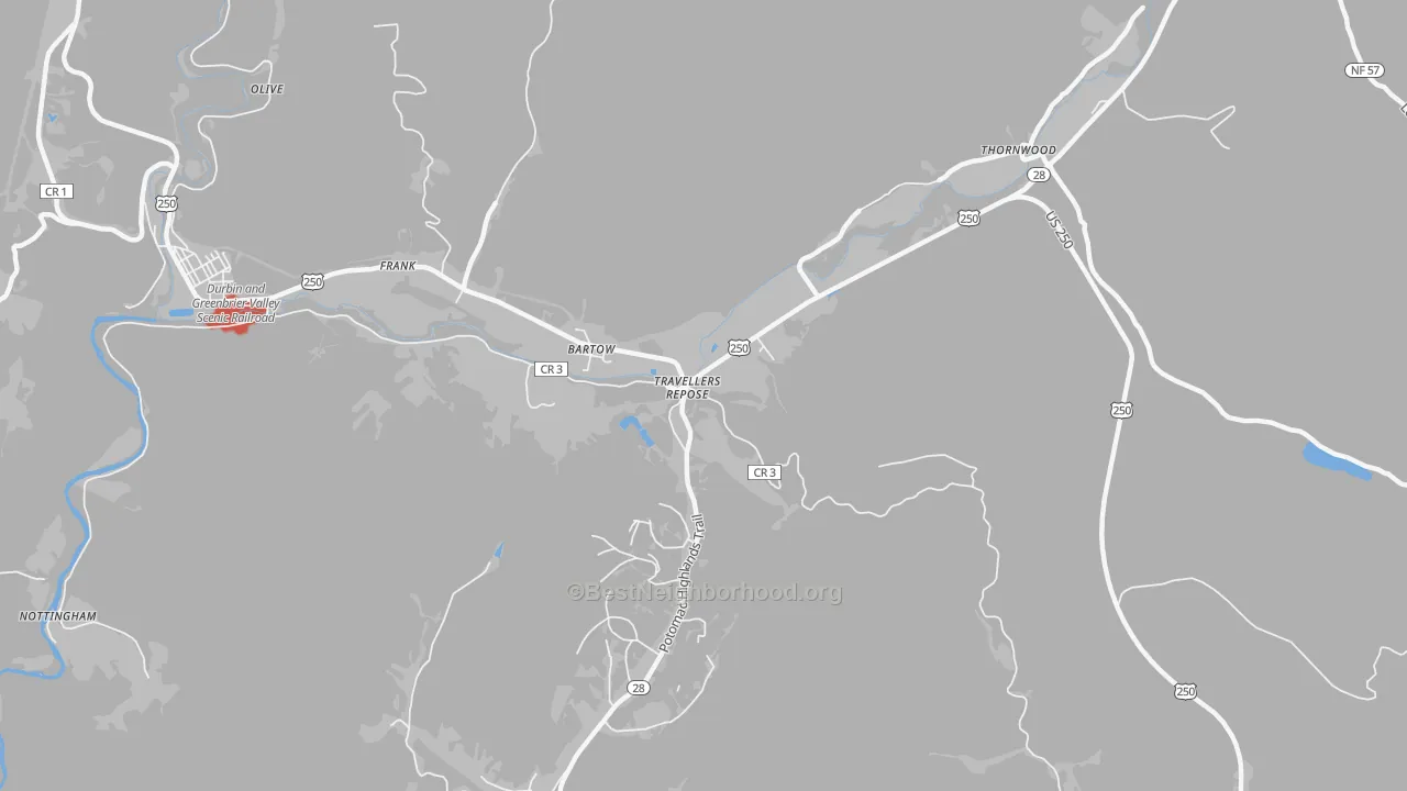 Walk Grade map of Bartow, WV, walkable areas in green and car-dependent areas in red