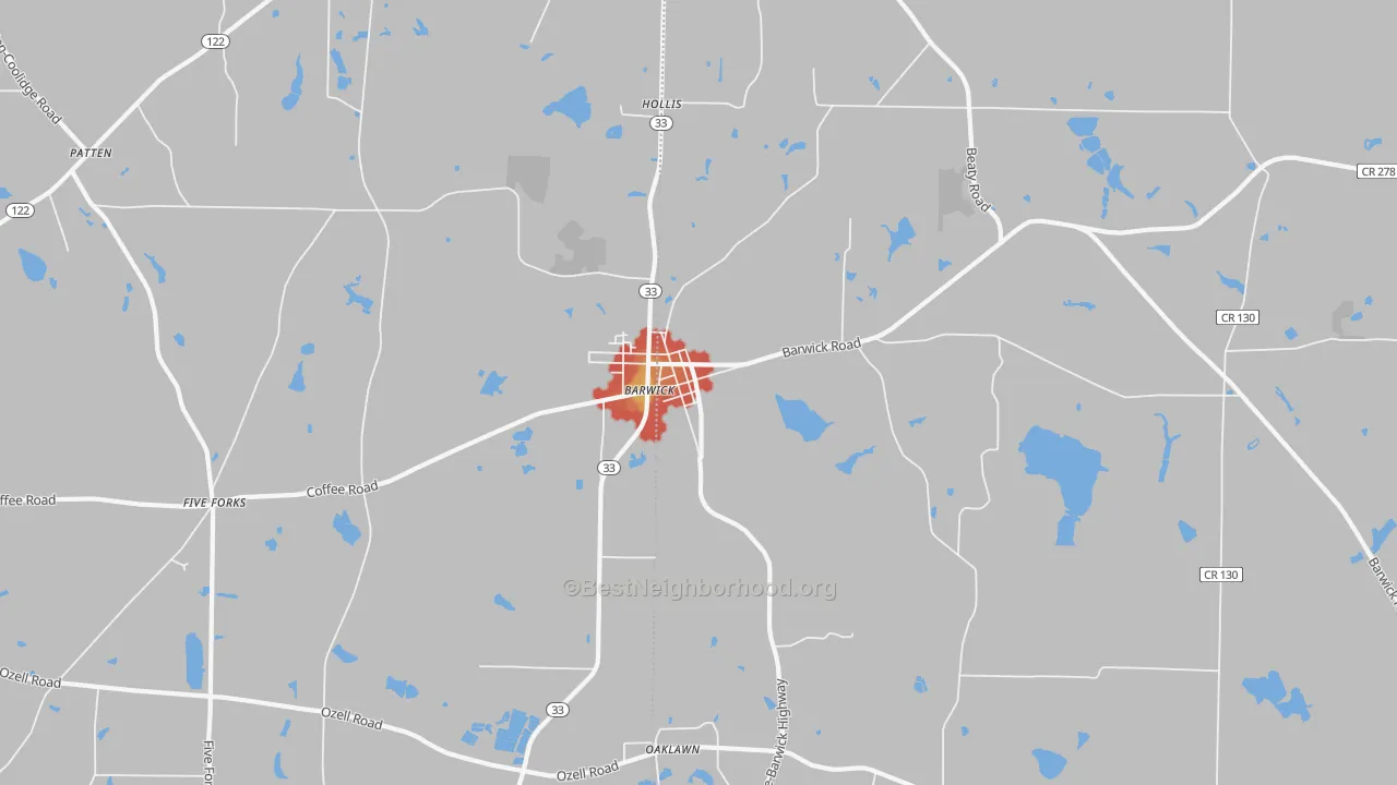 Walk Grade map of Barwick, GA, walkable areas in green and car-dependent areas in red