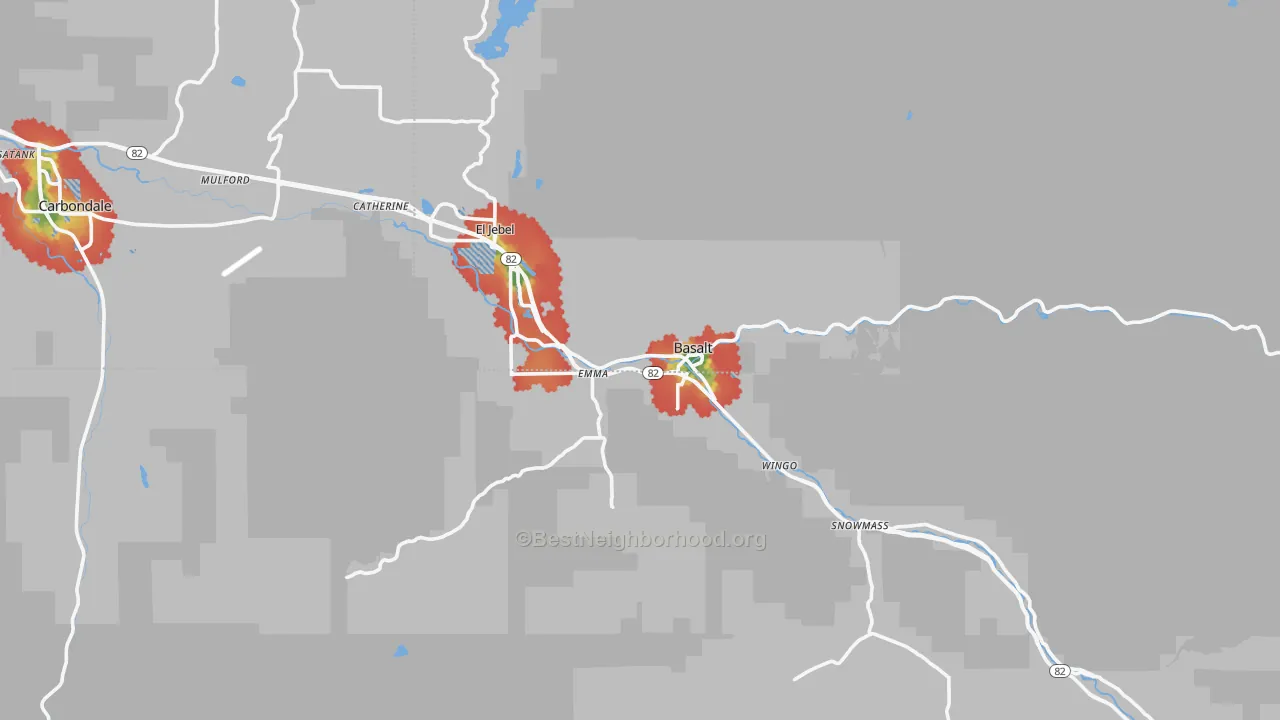 Walk Grade map of Basalt, CO, walkable areas in green and car-dependent areas in red