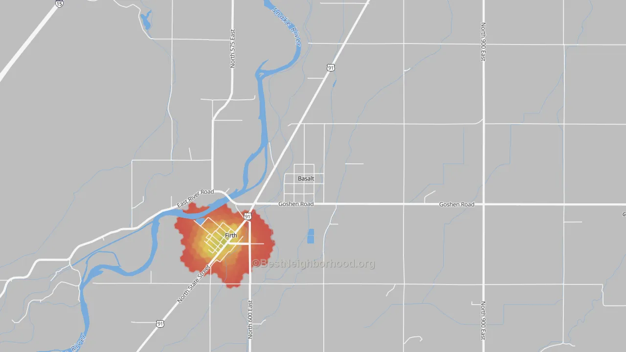 Walk Grade map of Basalt, ID, walkable areas in green and car-dependent areas in red