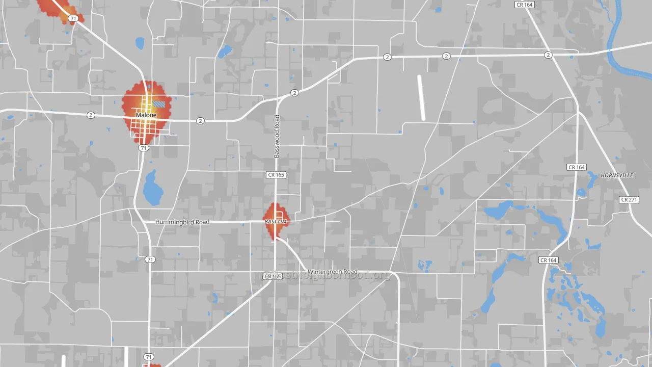 Walk Grade map of Bascom, FL, walkable areas in green and car-dependent areas in red