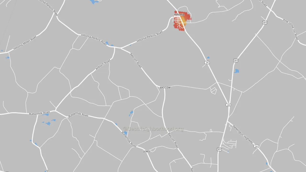 Walk Grade map of Bascom, GA, walkable areas in green and car-dependent areas in red
